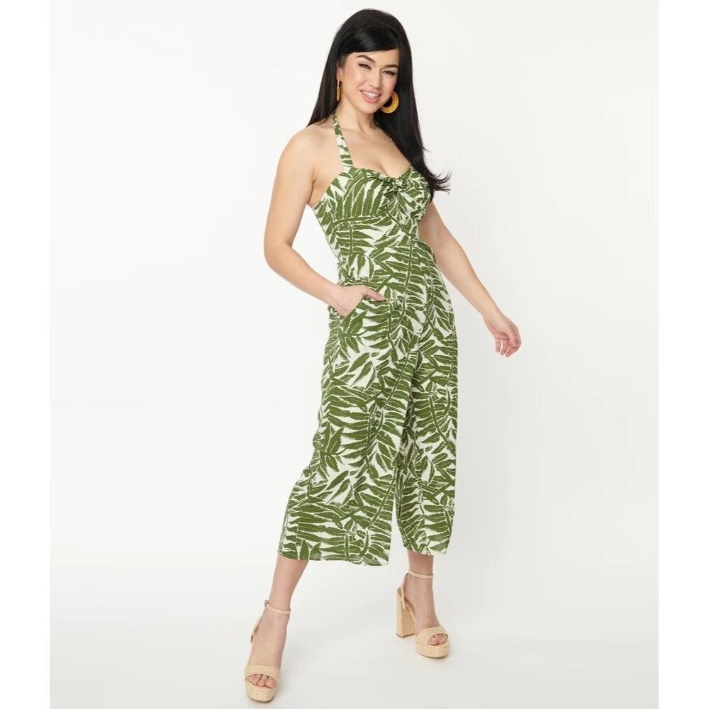 NWT Unique Vintage Green Tropical Print Halter Jumpsuit 4 - Picture 5 of 16